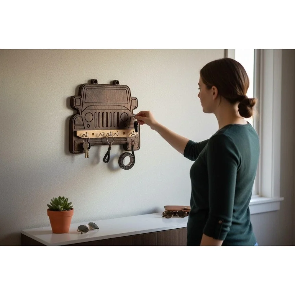 Jeep Grill Key Holder, Walnut Wood Off Road Wall Decor, Entryway Hanging Hooks